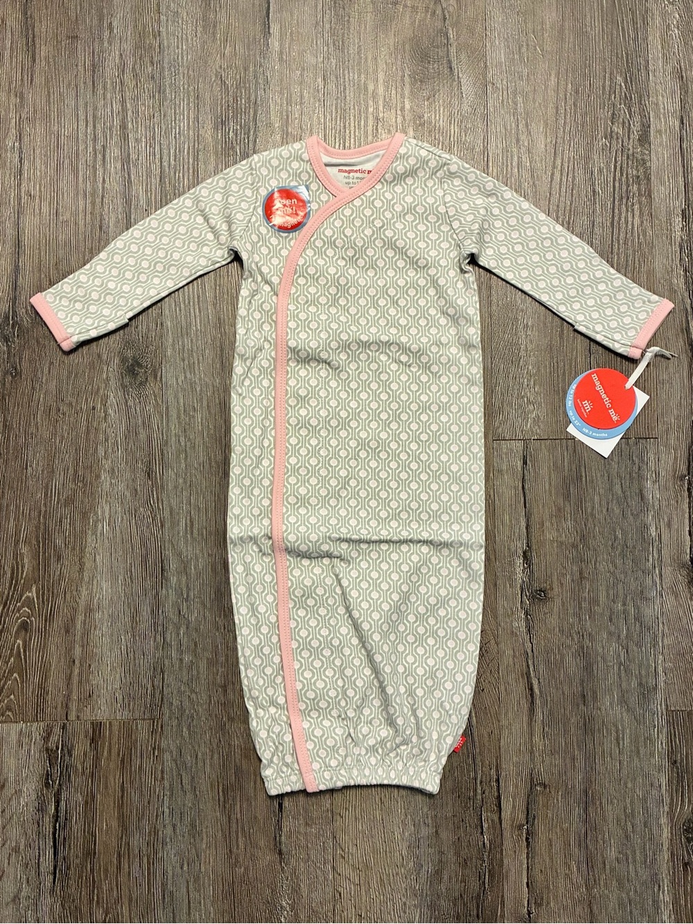 Magnetic Me Pink Trim Grey Patterned Infant Gown - Kids Pajamas